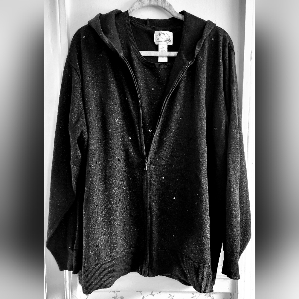 Black Shimmery Womens Hooded Zipper 2 piece set Size 2X